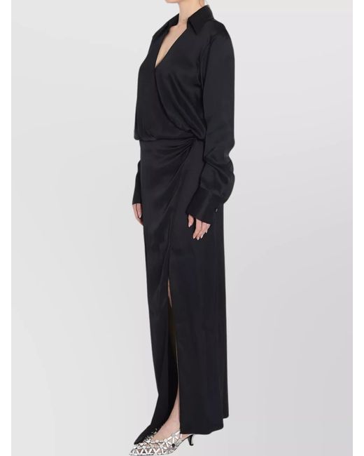 The Attico Black Draped V-Neck Long-Sleeve Maxi Shirt Dress