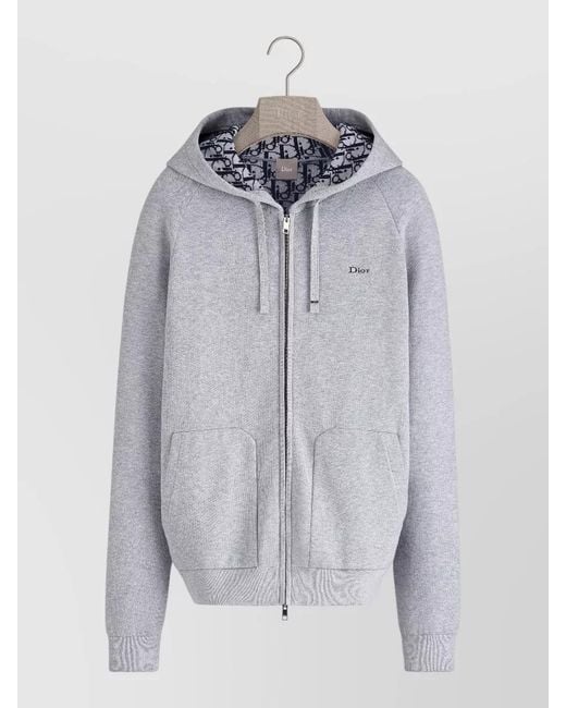 Dior Blue Hooded Knit Top Front Pockets Ribbed Hem for men
