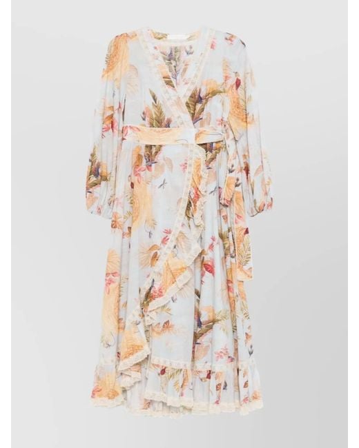 Zimmermann White Cotton Floral-Print Wrap Midi Dress