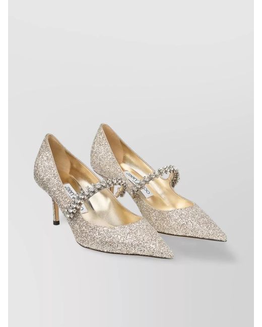 Jimmy Choo White Crystal Strap Bing 65 Pumps Glitter Fabric