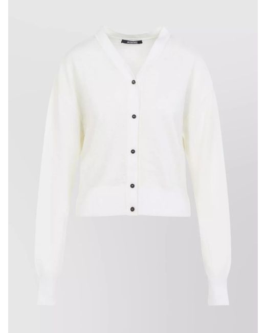 Jacquemus White Merino Wool V-Neck Ribbed Hem Cardigan