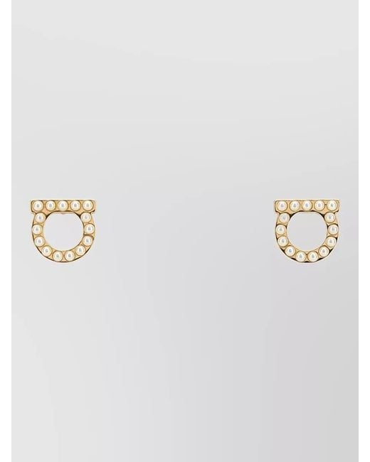Ferragamo Metallic Gancini Earrings Featuring Pearl Embellishments