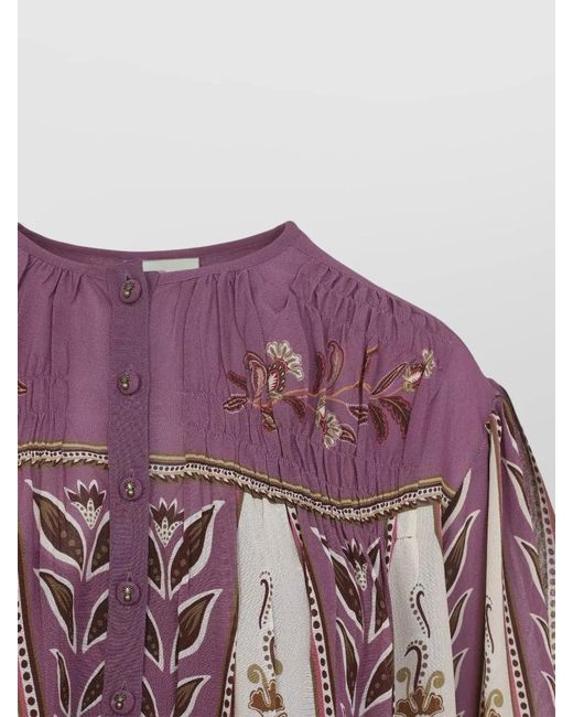 Farm Rio Purple Ainika Blouse Floral Embroidery Long Sleeves