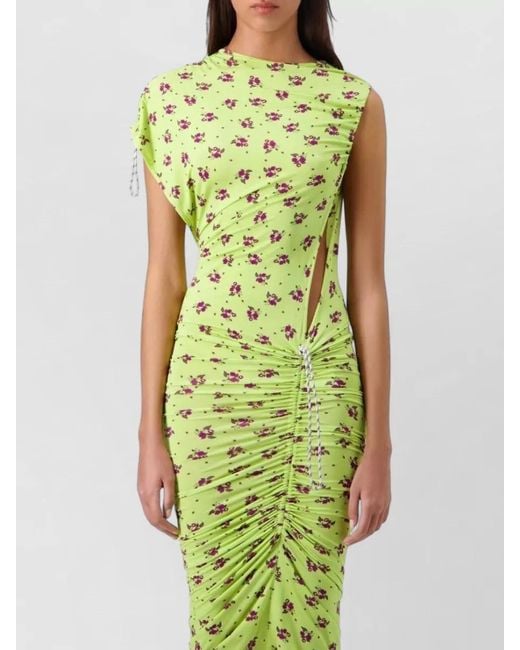 Coperni Green Knee Length Floral Ruched Asymmetric Dress