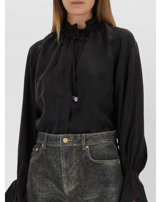Ganni Black Cupro Viscose Shirt Button Detail Ruffle Collar