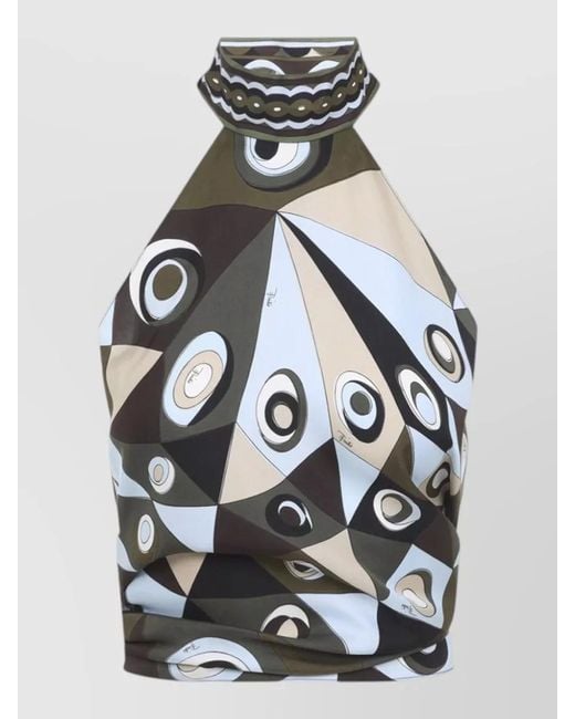 Emilio Pucci White Silk Halter Top Geometric Signature Print