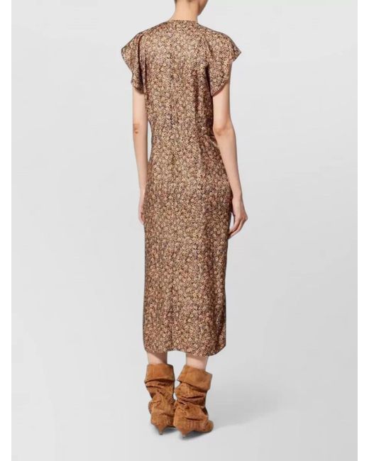 Isabel Marant Natural Silk Floral-Print V-Neck Short-Sleeve Ruffled Midi Dress