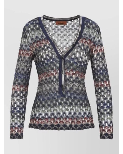 Missoni Gray Metallic Striped V Neck Openwork Sweater