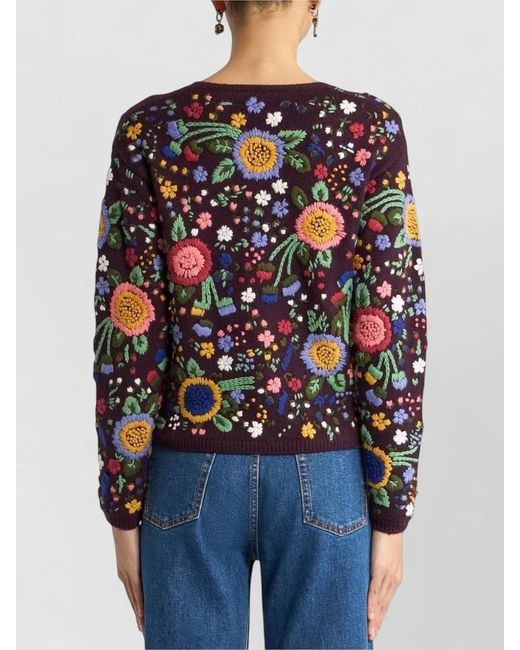 Etro Black Cropped Crew Neck Floral Embroidered Cardigan