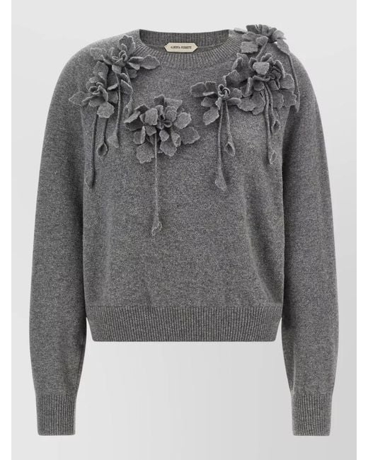 Alberta Ferretti Gray Crew Neck Sweater Floral Motif Design