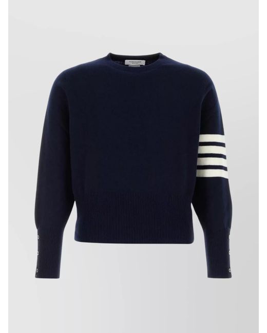 Thom Browne Blue Cashmere Crew Neck Sweater With Striped Sleeve for men