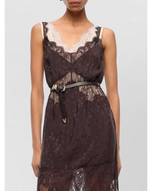 Pinko Brown Knee Length Dress Belt Lace Neckline