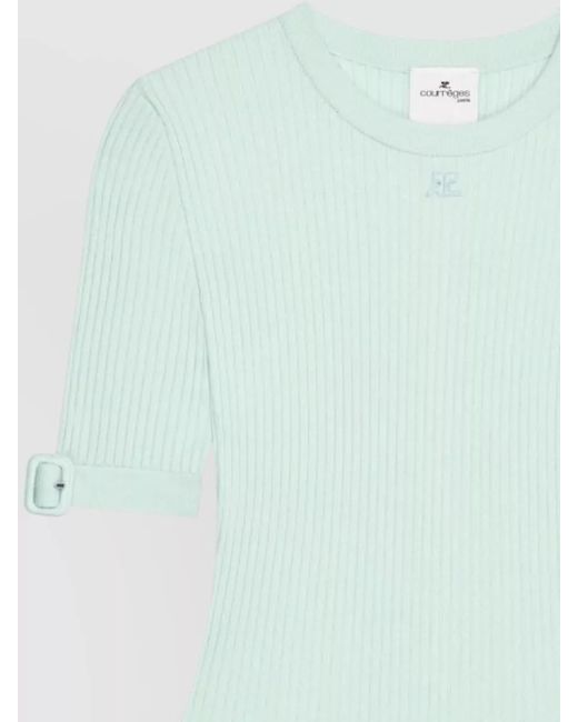 Courreges Green Short Sleeve Rib Knit Top Buckle Detail