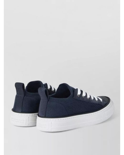 Brunello Cucinelli Blue Leather Knit Low-Top Sneakers