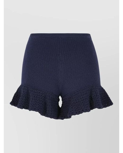 Self-Portrait Blue Viscose Blend Shorts Elastic Waist Ruffled Hem