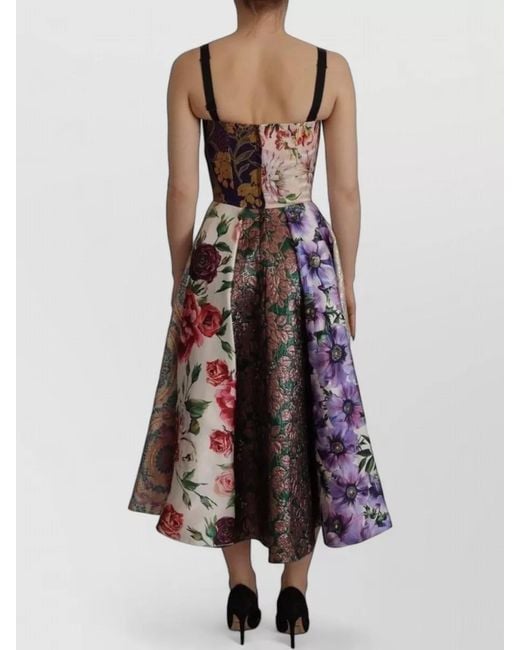 Dolce & Gabbana White Silk Patchwork Floral-Print Strapless Midi Dress