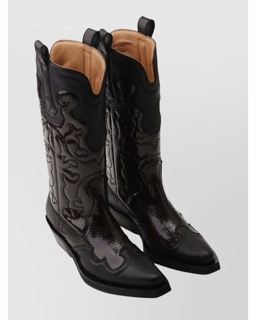 Ganni Black Leather Embroidered Western Mid-Calf Boots