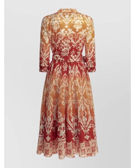 Samantha Sung Red Floral A Line Dress Belted Waist Pleated