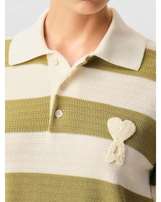 AMI Yellow De Coeur Striped Polo Shirt Embroidery
