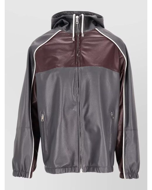 LA ROSE Gray Hooded Leather Jacket Color Block