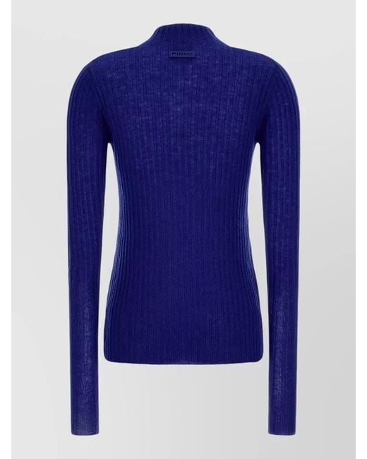 Pinko Blue Wool Ribbed Mock Neck Sweater
