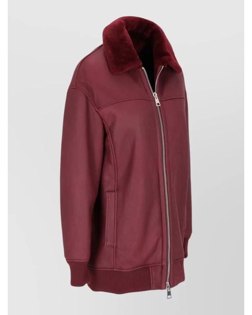 LA ROSE Red Bomber Jacket Long Shearling Leather