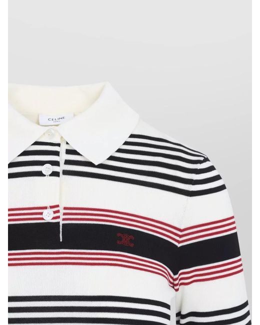 Céline White Striped Ribbed Knit Polo Top
