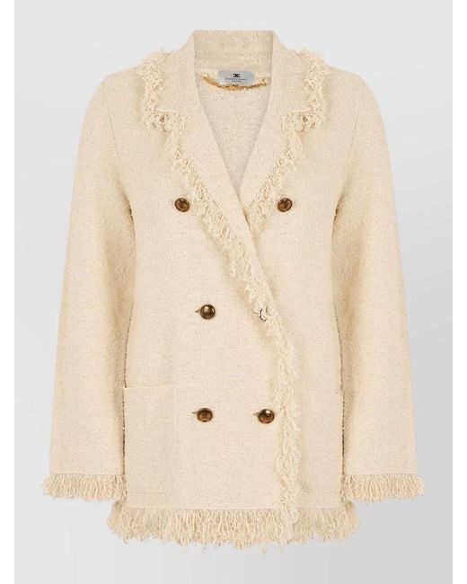 Elisabetta Franchi Natural Double Breasted Blazer Fringed Hem Detailing