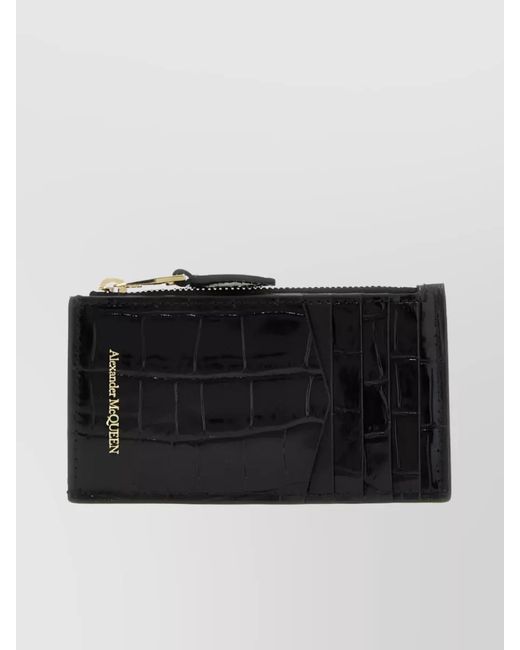 McQueen Black Calf Leather Crocodile-Effect Skull Zip Card Holder
