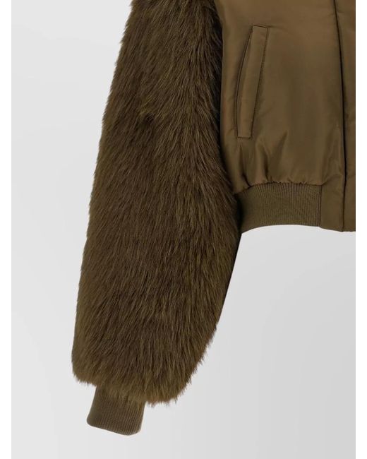 Pinko Green Cropped Oversized Faux Fur Bomber Jacket