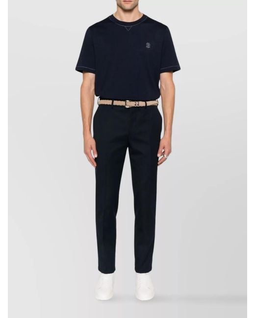 Brunello Cucinelli Blue Cotton Logo-Embroidered Crew-Neck T-Shirt for men