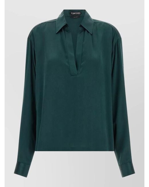 Tom Ford Green Silk Satin Polo Shirt Plunge Neckline