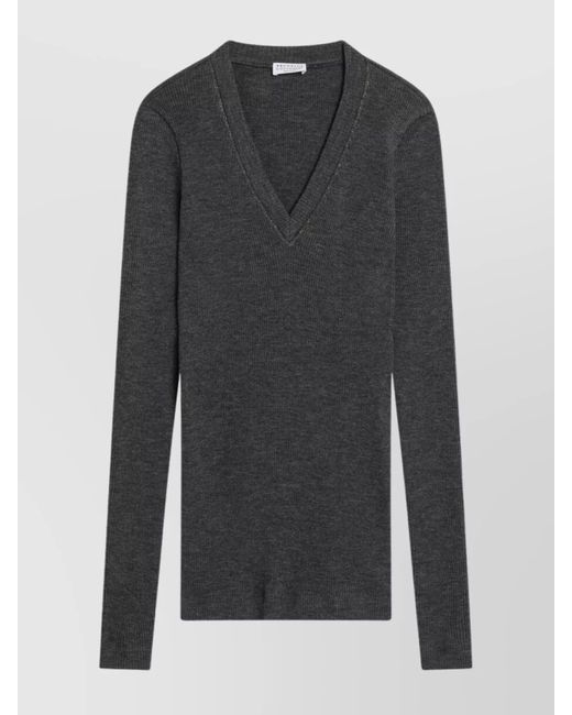 Brunello Cucinelli Black V-Neckline Ribbed Wool Sweater