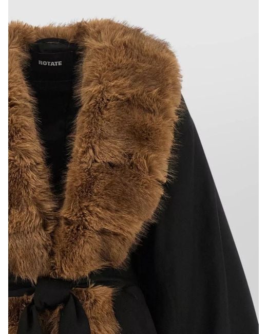 ROTATE BIRGER CHRISTENSEN Black Coat Balloon Sleeves Belted Waist Faux Fur Collar