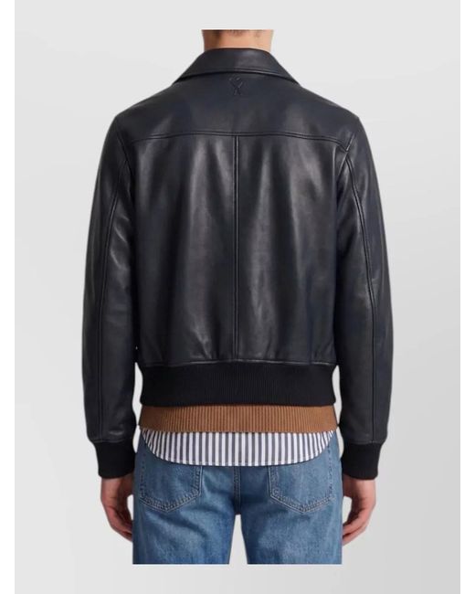 AMI Blue Lambskin Leather Zip-Up Jacket for men