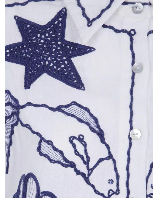 Farm Rio Blue Fish Shell Star Embroidered Long Sleeve Shirt