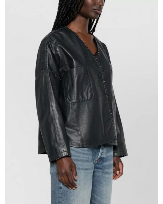 Forte_forte Black Leather Kimono Jacket V Neck Patch Pockets