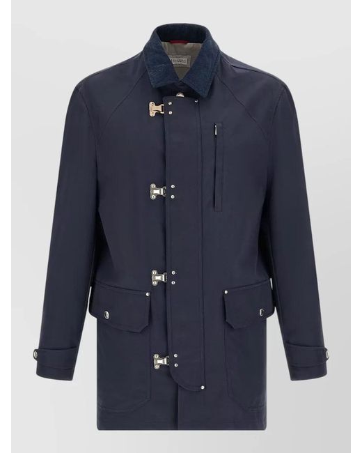 Brunello Cucinelli Blue Techno Cotton Jacket High Collar Design for men
