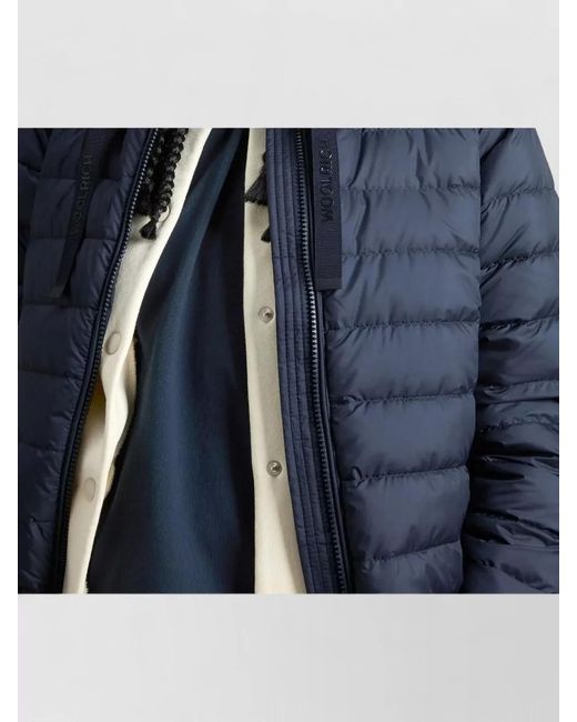 Woolrich Blue Hooded Down Jacket Microfiber Logo Hood