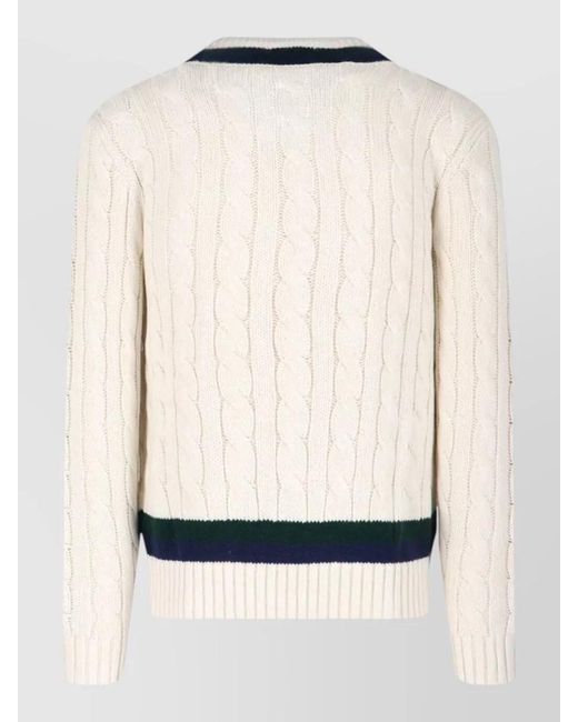 Polo Ralph Lauren Natural Cable Knit V Neck Sweater Contrast Stripes for men