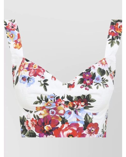 Dolce & Gabbana Red Dolce & Gabbana Stretch Cotton Blend Flower Bouquet-Print Bustier Top