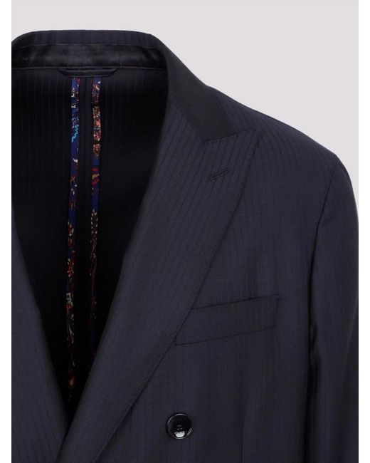 Etro Blue Virgin Wool Pinstripe Double-Breasted Blazer for men