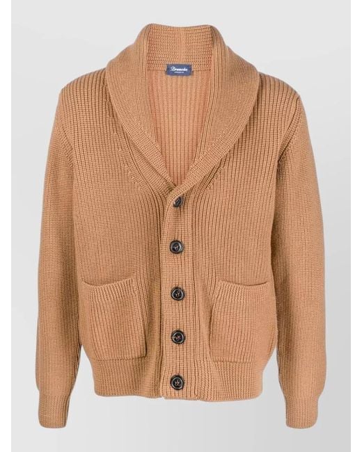 Drumohr Brown Shawl Collar Knit Jacket Long Sleeves Pockets for men