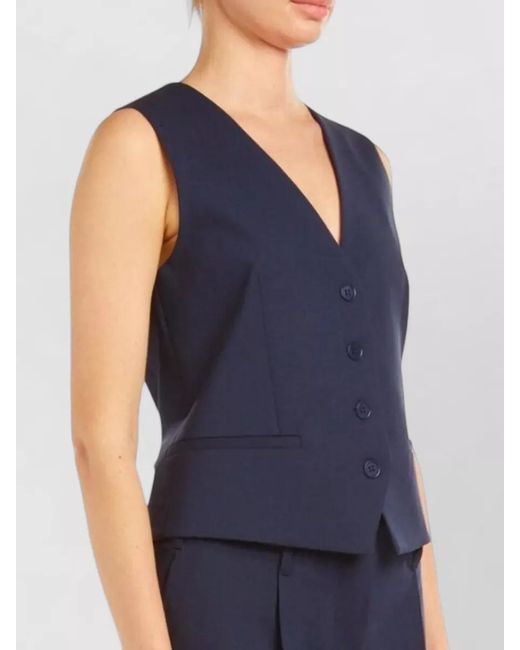 P.A.R.O.S.H. Blue Tailored Sleeveless Vest V Neckline Welt Pockets