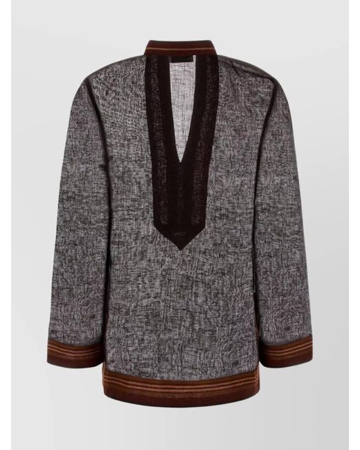 Tory Burch Gray Linen Striped V-Neck Long-Sleeve Tunic