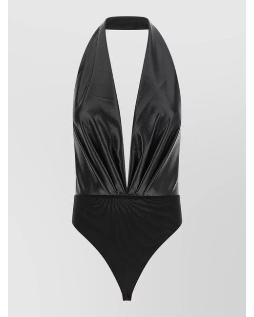 ANDAMANE Blue Zendaya Bodysuit Halter Neck Plunge Ruched