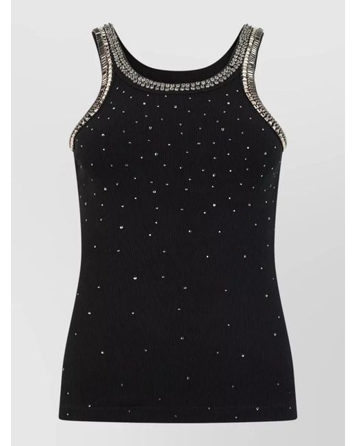 Pinko Black Sleeveless Top Rhinestone Neckline Ribbed