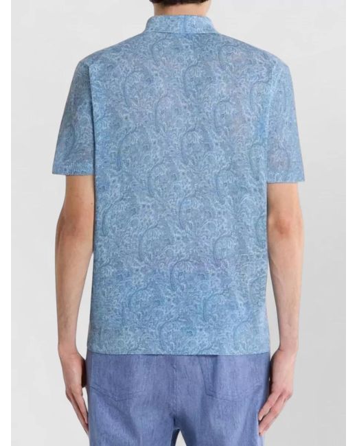 Etro Blue Knitted Polo Shirt Short Sleeves Floral for men