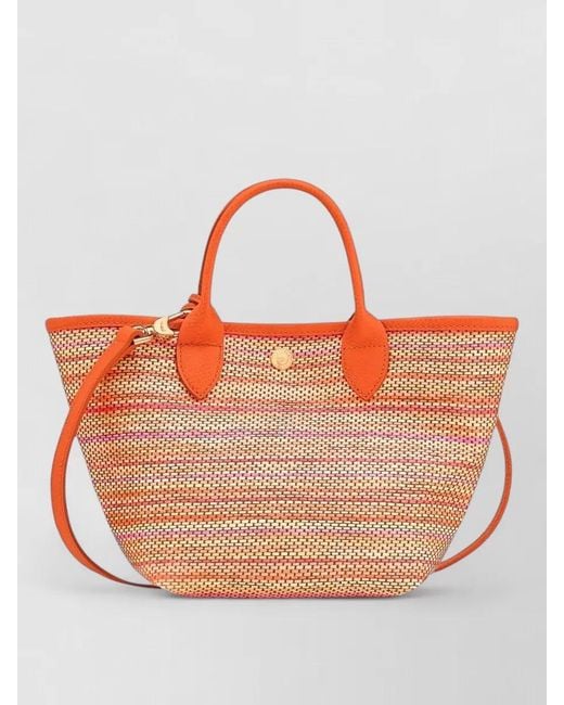 Longchamp Orange Raffia Effect Canvas Tote Bag