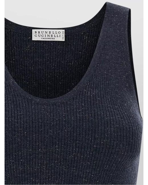 Brunello Cucinelli Blue Sparkling Ribbed Scoop Neck Knit Tank